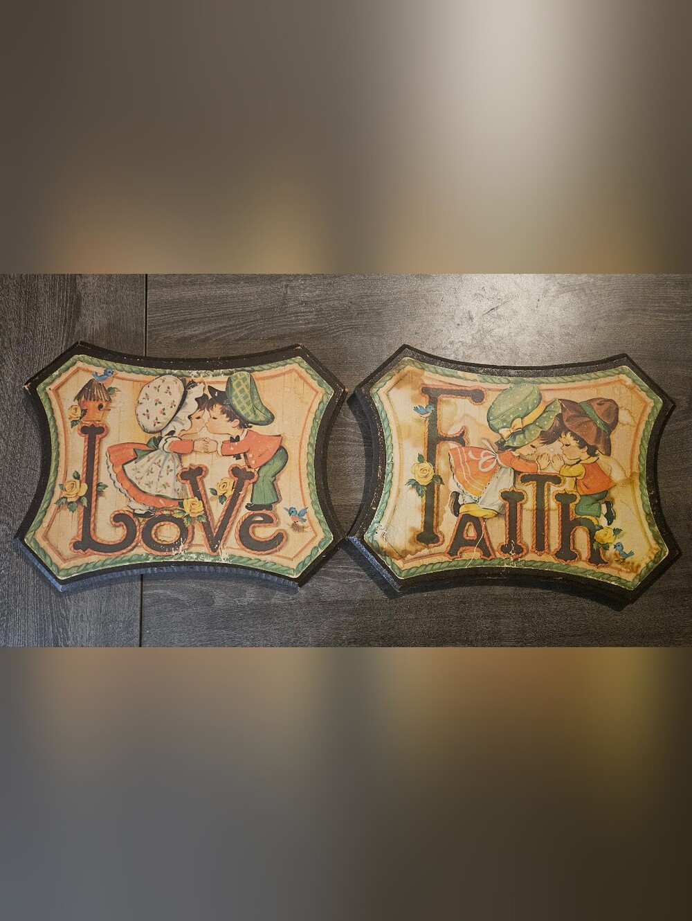 Love & Faith Paired Decorative Plaques - Vintage Style